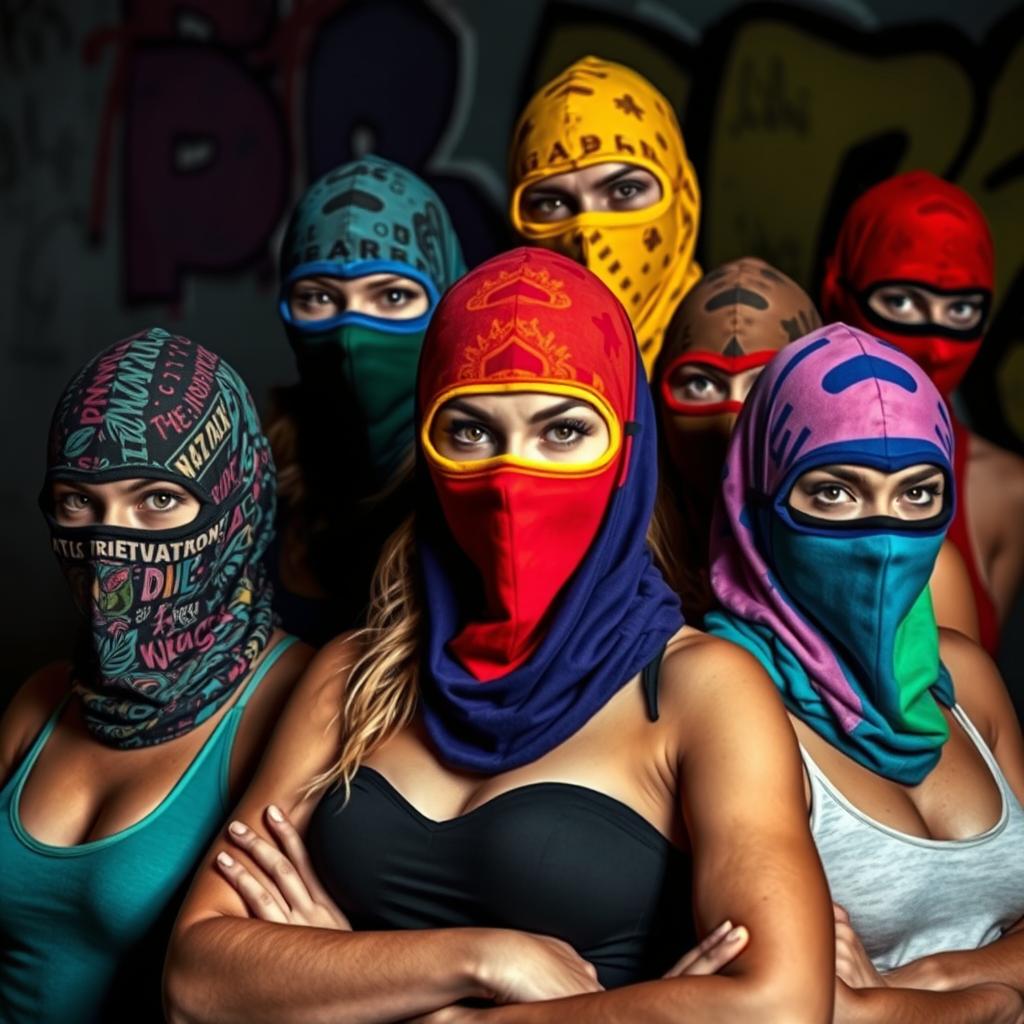 A striking image of women wearing colorful balaclava masks, showcasing a variety of vibrant patterns and styles