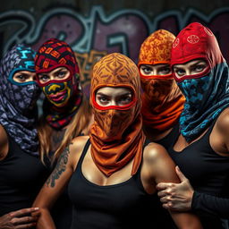 A striking image of women wearing colorful balaclava masks, showcasing a variety of vibrant patterns and styles