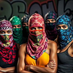 A striking image of women wearing colorful balaclava masks, showcasing a variety of vibrant patterns and styles