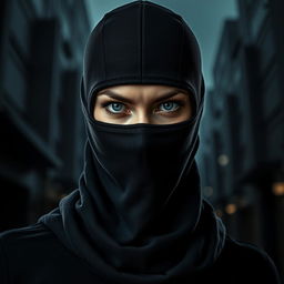 A striking portrait of a woman wearing a ninja balaclava, only her fierce eyes visible