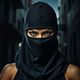 A striking portrait of a woman wearing a ninja balaclava, only her fierce eyes visible