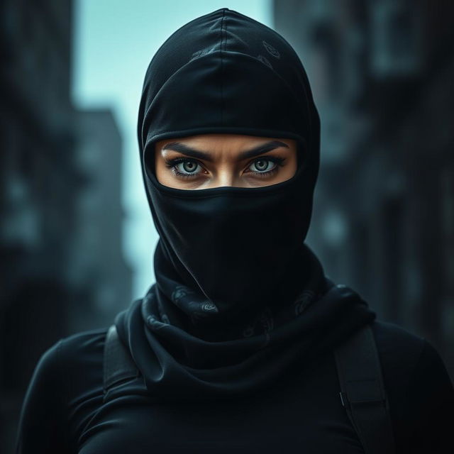 A striking portrait of a woman wearing a ninja balaclava, only her fierce eyes visible