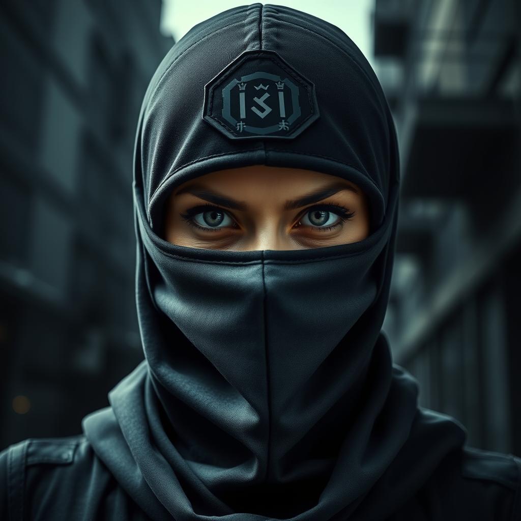 A striking portrait of a woman wearing a ninja balaclava, only her fierce eyes visible