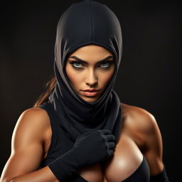 A striking portrayal of a hot woman wearing a sleek ninja balaclava, with only her piercing eyes visible, surrounded by a mysterious and shadowy background
