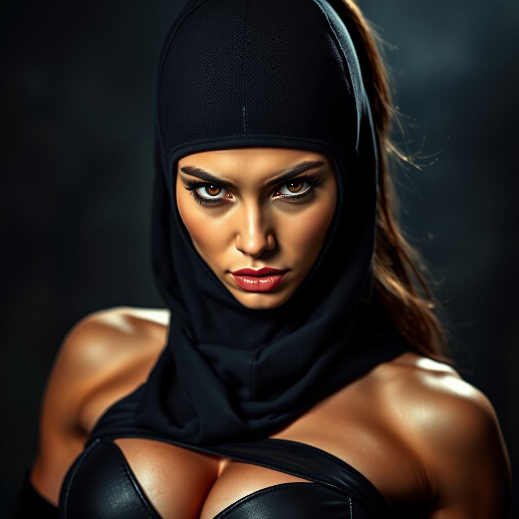 A striking portrayal of a hot woman wearing a sleek ninja balaclava, with only her piercing eyes visible, surrounded by a mysterious and shadowy background