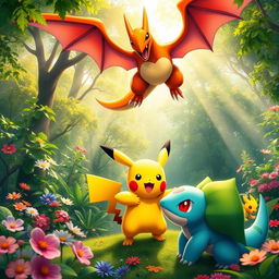 A vibrant and colorful 4K image featuring a variety of Pokemon in a lush forest setting