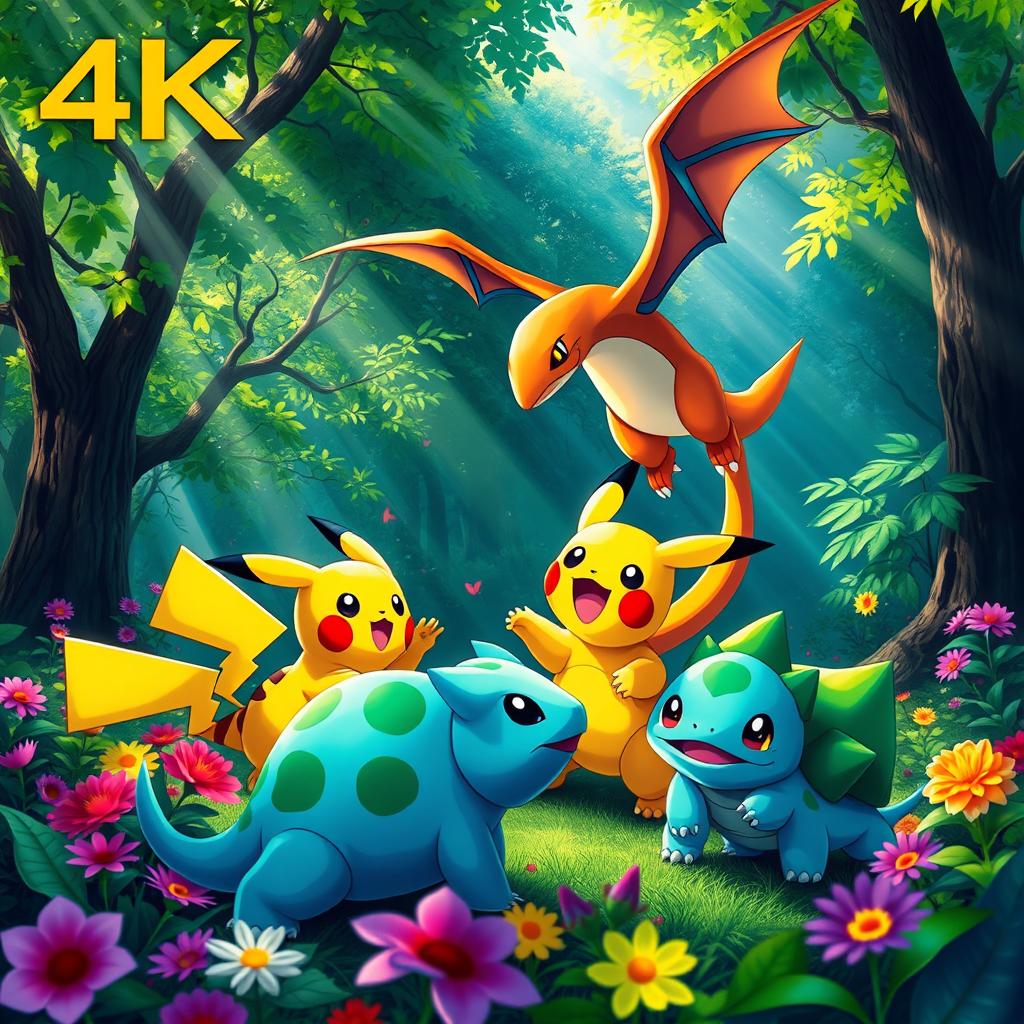 A vibrant and colorful 4K image featuring a variety of Pokemon in a lush forest setting