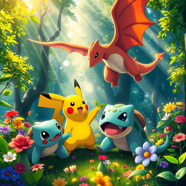 A vibrant and colorful 4K image featuring a variety of Pokemon in a lush forest setting