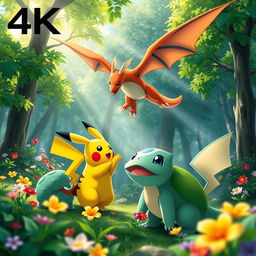 A vibrant and colorful 4K image featuring a variety of Pokemon in a lush forest setting