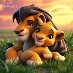 A 3D character design featuring Sarabi and Mufasa from The Lion King, with specific details: Sarabi has a lighter coat color, soft golden fur, and warm brown eyes that reflect her gentle and caring nature