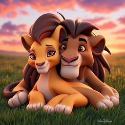 A 3D character design featuring Sarabi and Mufasa from The Lion King, with specific details: Sarabi has a lighter coat color, soft golden fur, and warm brown eyes that reflect her gentle and caring nature