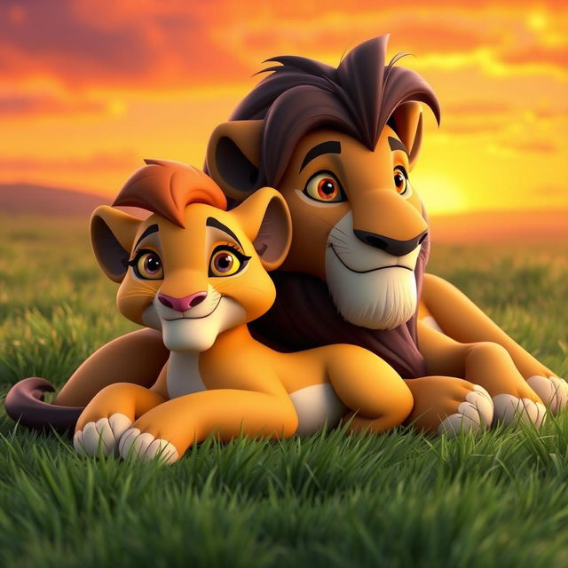 A 3D character design featuring Sarabi and Mufasa from The Lion King, with specific details: Sarabi has a lighter coat color, soft golden fur, and warm brown eyes that reflect her gentle and caring nature