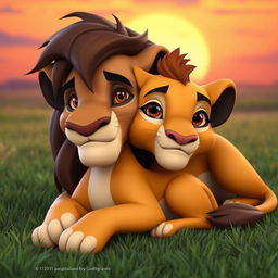 A 3D character design featuring Sarabi and Mufasa from The Lion King, with specific details: Sarabi has a lighter coat color, soft golden fur, and warm brown eyes that reflect her gentle and caring nature