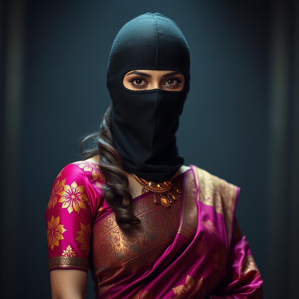 A striking image of a beautiful woman wearing a vibrant and intricately designed saree, complete with elegant patterns and rich colors