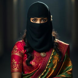 A striking image of a beautiful woman wearing a vibrant and intricately designed saree, complete with elegant patterns and rich colors