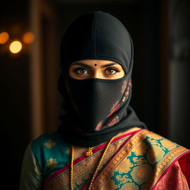 A striking image of a beautiful woman wearing a vibrant and intricately designed saree, complete with elegant patterns and rich colors