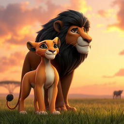 A 3D character design of Sarabi with lighter fur color, brown eyes, and Mufasa with deep brown eyes and a dark mane