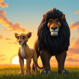 A 3D character design of Sarabi with lighter fur color, brown eyes, and Mufasa with deep brown eyes and a dark mane