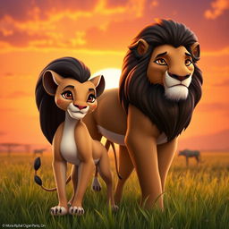 A 3D character design of Sarabi with lighter fur color, brown eyes, and Mufasa with deep brown eyes and a dark mane
