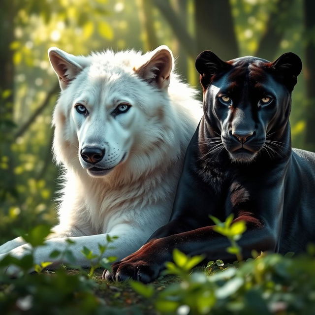 A stunning portrait of a majestic white wolf lying beside a graceful, sleek black panther, both animals exhibiting a strong sense of companionship