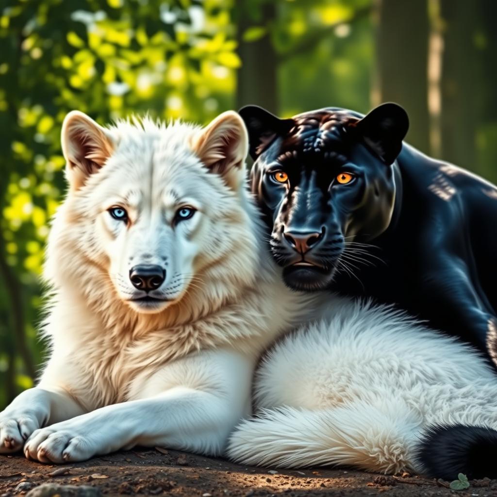 A stunning portrait of a majestic white wolf lying beside a graceful, sleek black panther, both animals exhibiting a strong sense of companionship