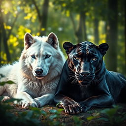 A stunning portrait of a majestic white wolf lying beside a graceful, sleek black panther, both animals exhibiting a strong sense of companionship