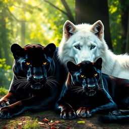 A stunning portrait of a majestic white wolf lying beside a graceful, sleek black panther, both animals exhibiting a strong sense of companionship
