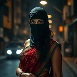A stunning hot woman wearing a traditional saree that contrasts beautifully with her ninja-style tight balaclava mask