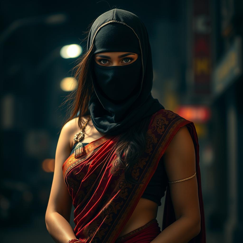 A stunning hot woman wearing a traditional saree that contrasts beautifully with her ninja-style tight balaclava mask