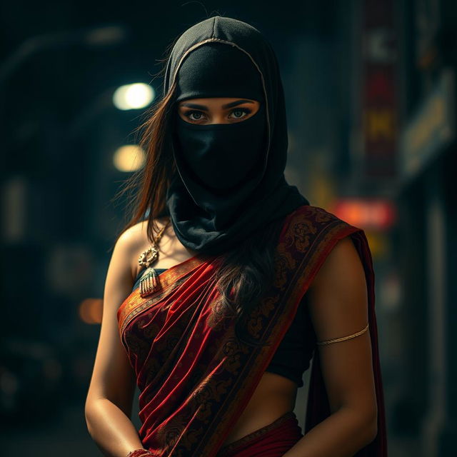 A stunning hot woman wearing a traditional saree that contrasts beautifully with her ninja-style tight balaclava mask