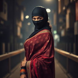 A stunning hot woman wearing a traditional saree that contrasts beautifully with her ninja-style tight balaclava mask