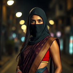 A stunning hot woman wearing a traditional saree that contrasts beautifully with her ninja-style tight balaclava mask