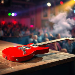 A striking red electric guitar placed on a wooden stage, illuminated by soft, warm stage lights