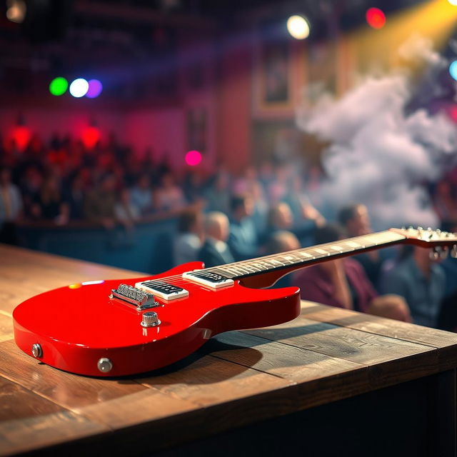 A striking red electric guitar placed on a wooden stage, illuminated by soft, warm stage lights