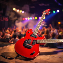 A striking red electric guitar placed on a wooden stage, illuminated by soft, warm stage lights