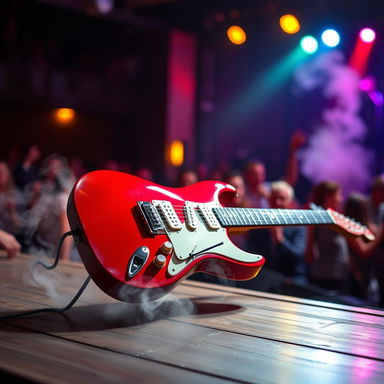 A striking red electric guitar placed on a wooden stage, illuminated by soft, warm stage lights