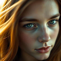 A close-up portrait of a person with striking green eyes, captivating and full of depth