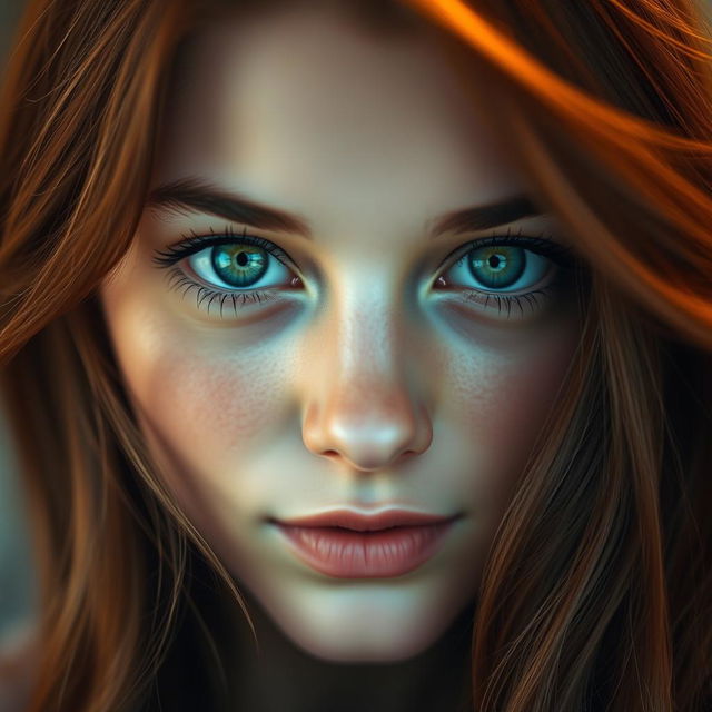 A close-up portrait of a person with striking green eyes, captivating and full of depth