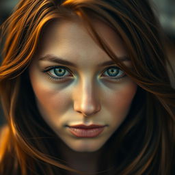 A close-up portrait of a person with striking green eyes, captivating and full of depth