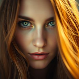 A close-up portrait of a person with striking green eyes, captivating and full of depth