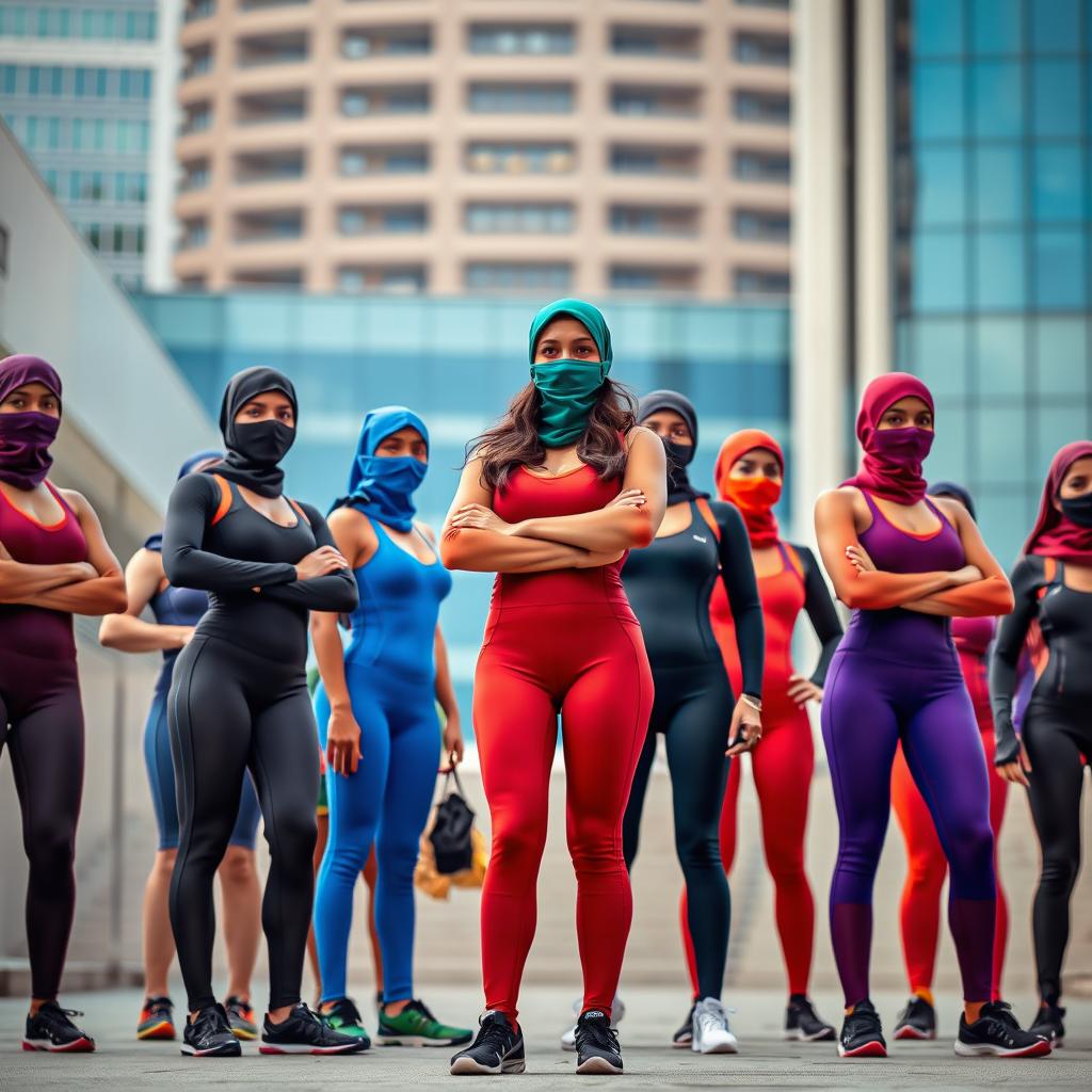 A group of Indian women wearing form-fitting spandex outfits, each with a stylish balaclava mask