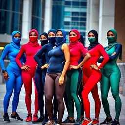 A group of Indian women wearing form-fitting spandex outfits, each with a stylish balaclava mask