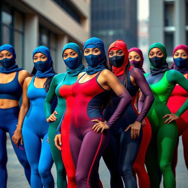 A group of Indian women wearing form-fitting spandex outfits, each with a stylish balaclava mask