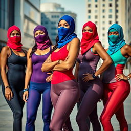 A group of Indian women wearing form-fitting spandex outfits, each with a stylish balaclava mask