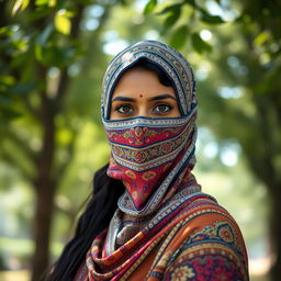 A serene portrait of an Indian woman wearing a full-cover balaclava, designed with intricate traditional patterns and vibrant colors