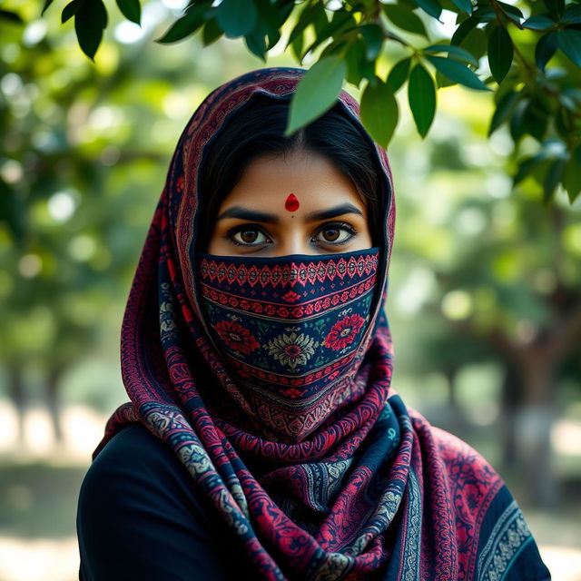 A serene portrait of an Indian woman wearing a full-cover balaclava, designed with intricate traditional patterns and vibrant colors