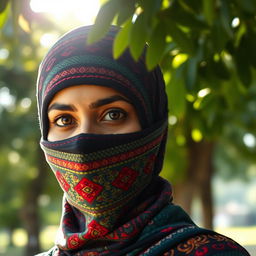 A serene portrait of an Indian woman wearing a full-cover balaclava, designed with intricate traditional patterns and vibrant colors