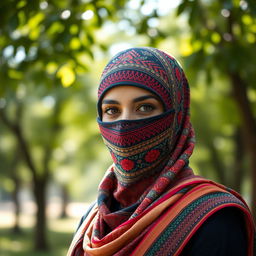 A serene portrait of an Indian woman wearing a full-cover balaclava, designed with intricate traditional patterns and vibrant colors