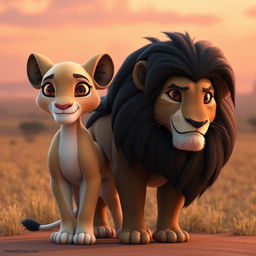 A 3D character design of Sarabi featuring lighter fur color and brown eyes, alongside Mufasa who has deep brown eyes and a dark mane
