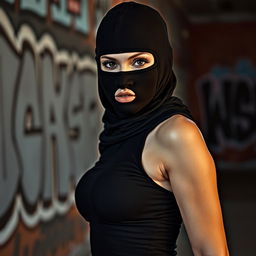 A strikingly attractive woman wearing a full cover balaclava, with only her alluring eyes visible